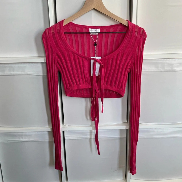 Lovers + Friends Revolve Marissa Sheer Rib Long Sleeve Micro Crop Hot Pink NWT - Picture 2 of 4